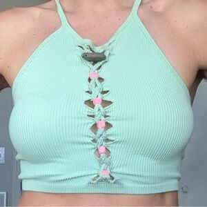 Mint Green Fairy Tank Top with Pink Beads and Hagstone
